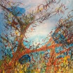 Abstrakt maleri med et tre og fugler