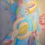 abstrakt maleri med gule og blå detaljer