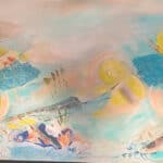 abstrakt maleri med gule og blå detaljer